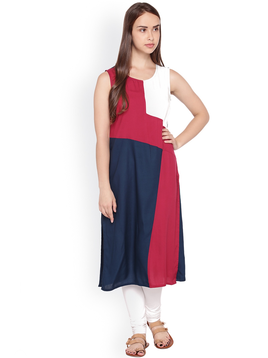 

RANGMANCH BY PANTALOONS Women Pink & Navy Blue Colourblocked A-Line Kurta