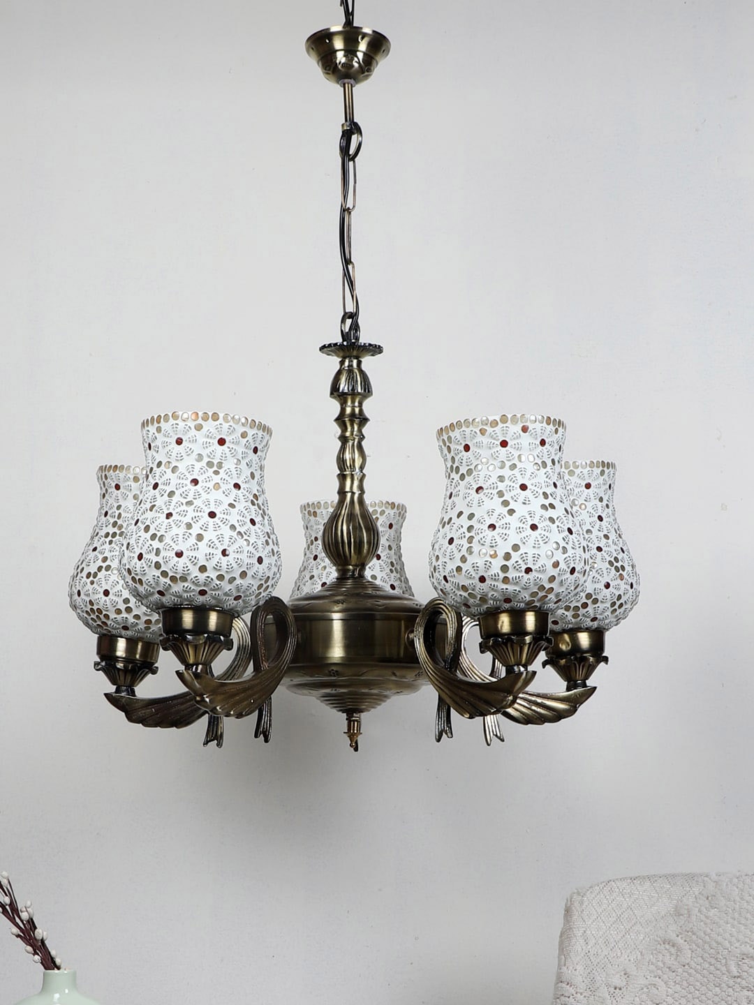 

Devansh White & Gold-Toned Mosaic Textured Glass Chandelier Ceiling Lamp