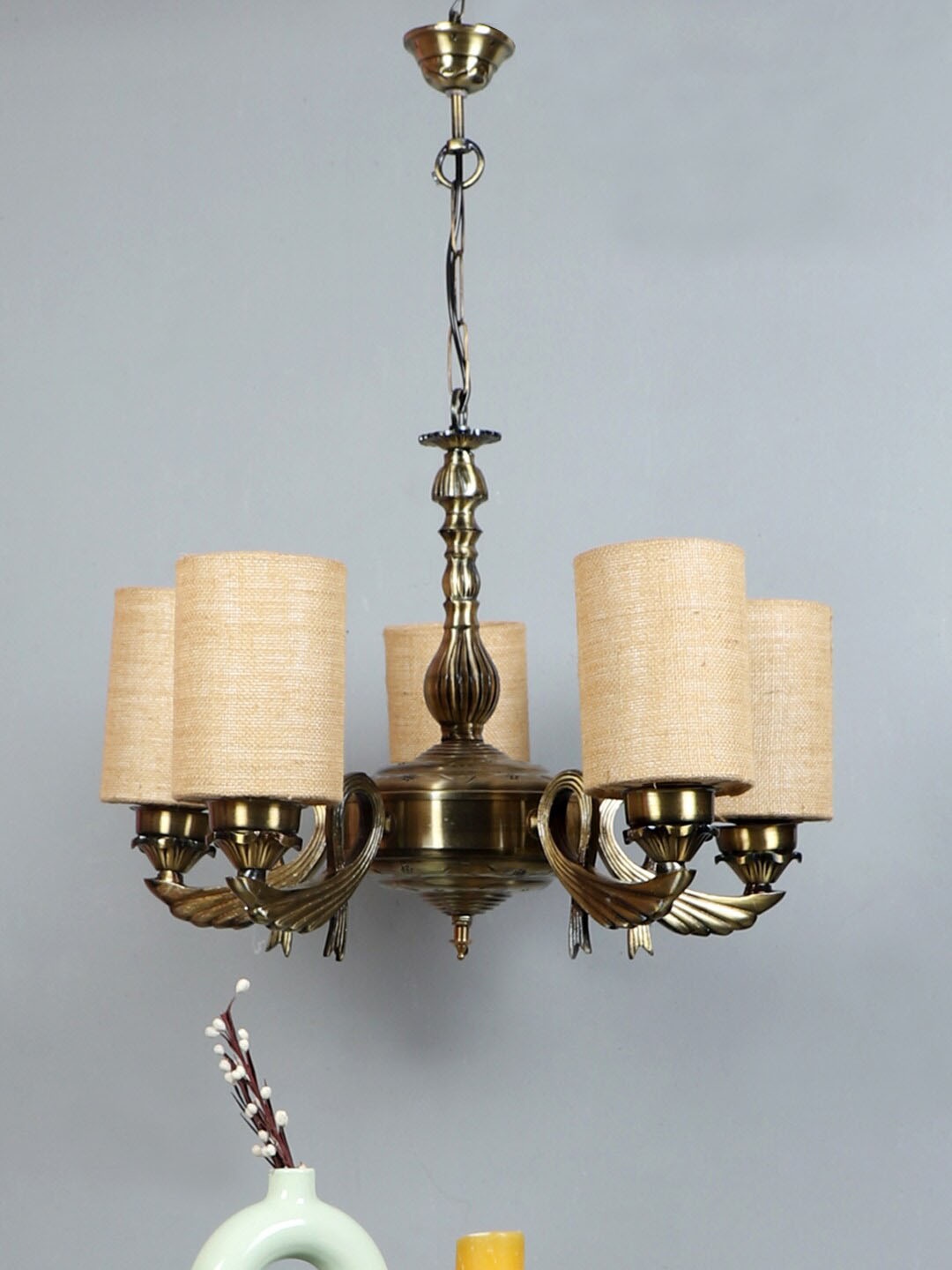 

Devansh Beige & Gold-Toned Textured Khadi Chandelier Ceiling Lamp, Off white