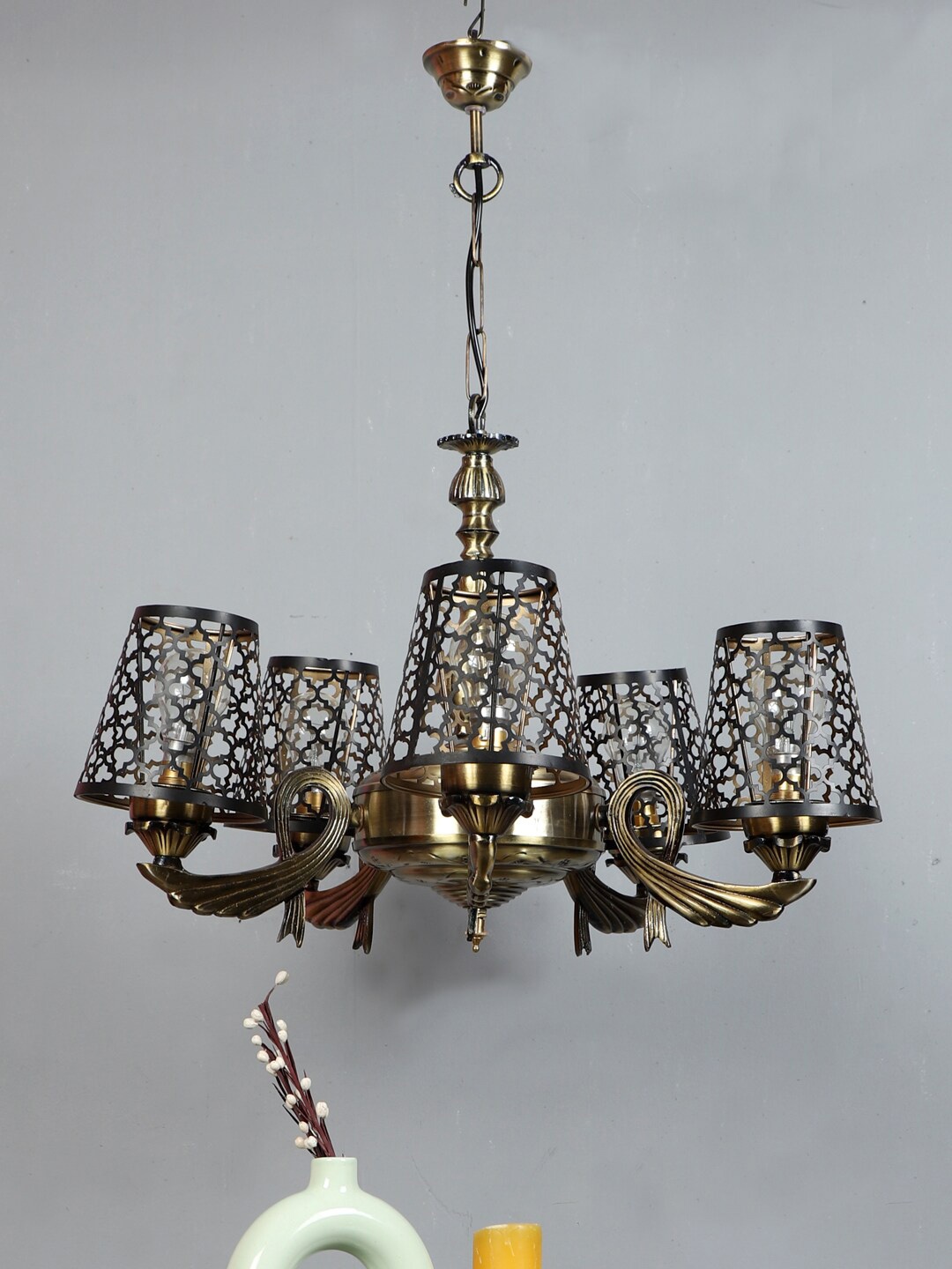 

Devansh Black & Gold-Toned Etching Self-Design Metal Chandelier Ceiling Lamp