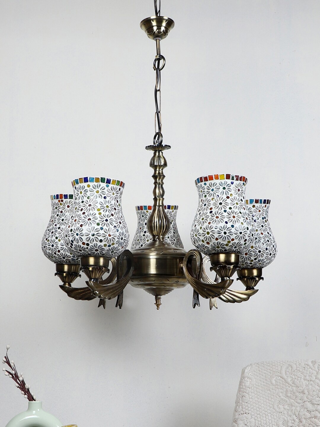 

Devansh White & Gold-Toned Mosaic Printed Glass Chandelier Ceiling Lamp