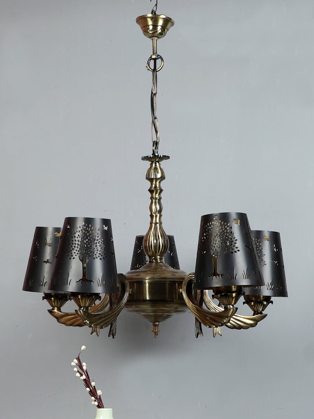 

Devansh Black & Gold-Toned Etching Self-Design Metal Chandelier Ceiling Lamp