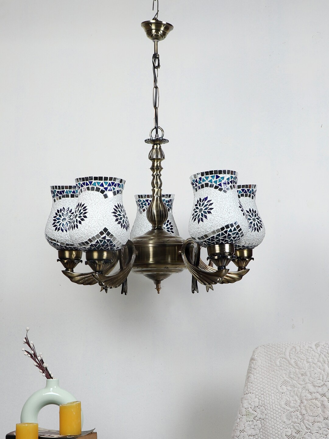 

Devansh White & Gold-Toned Mosaic Design Glass 5 Lamp Shades Chandelier