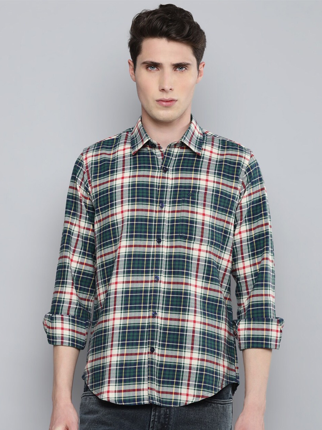

Allen Cooper Slim Fit Tartan Checks Opaque Checked Cotton Casual Shirt, Green