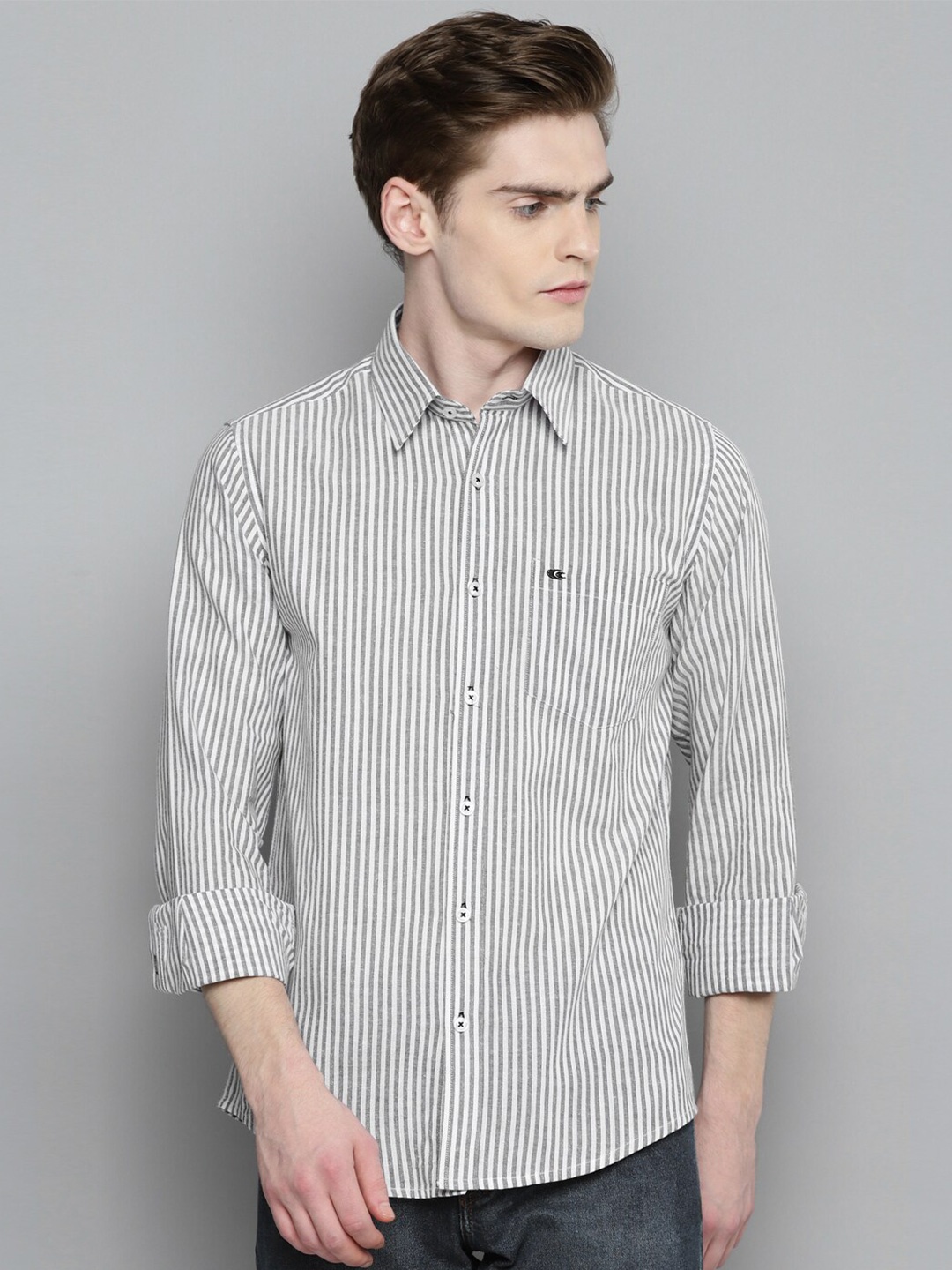 

Allen Cooper Slim Fit Opaque Striped Cotton Casual Shirt, Grey