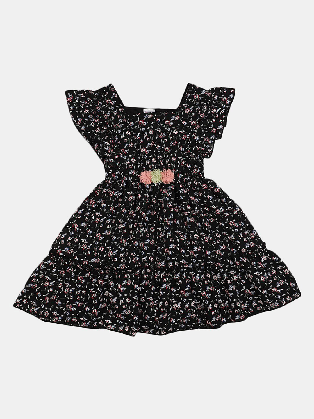 

V-Mart Girls Square Neck Floral Printed Georgette Fit & Flare Dress, Black