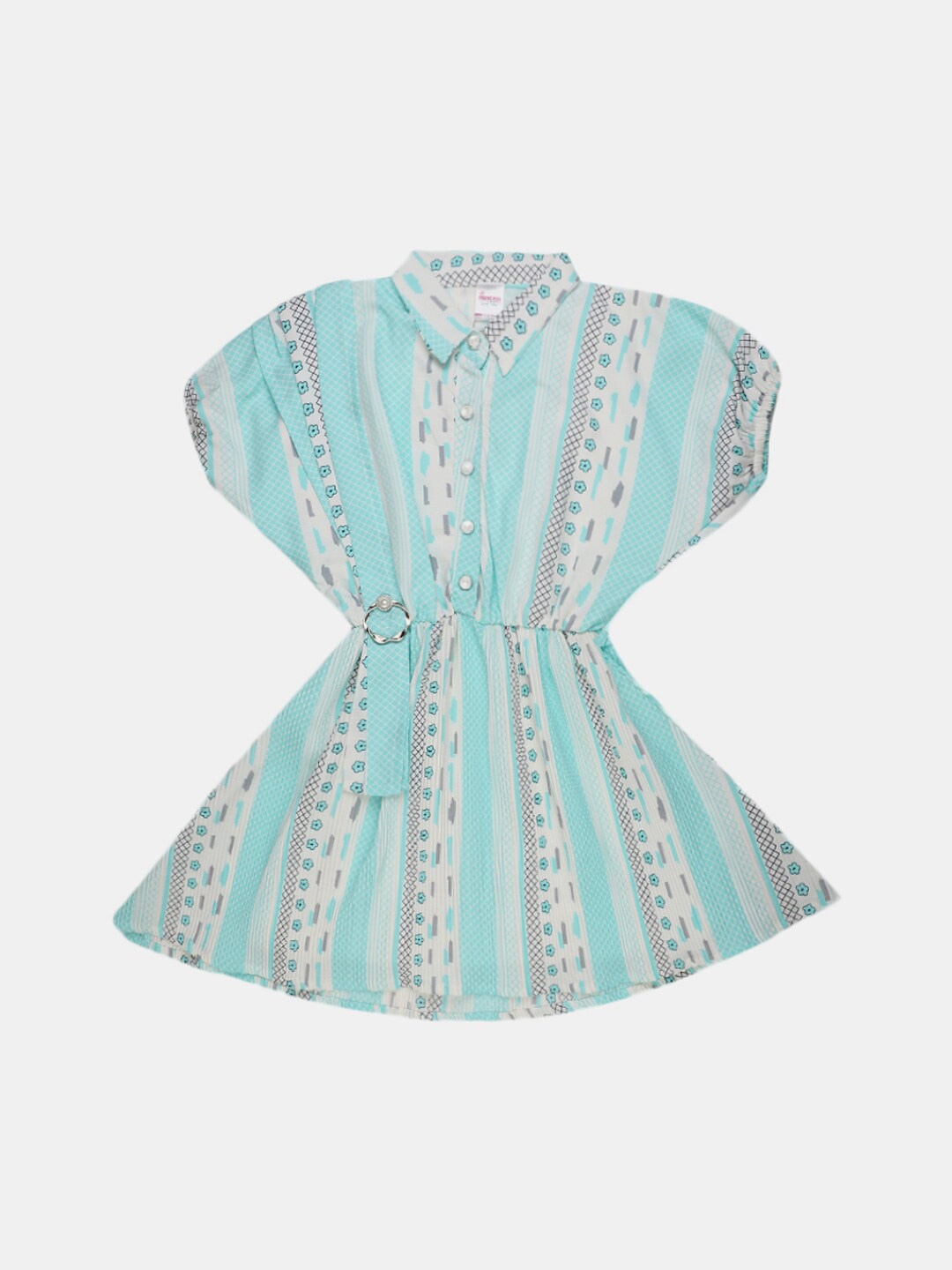 

V-Mart Girls Shirt Collar Geometric Printed Cotton Fit & Flare Dress, Green