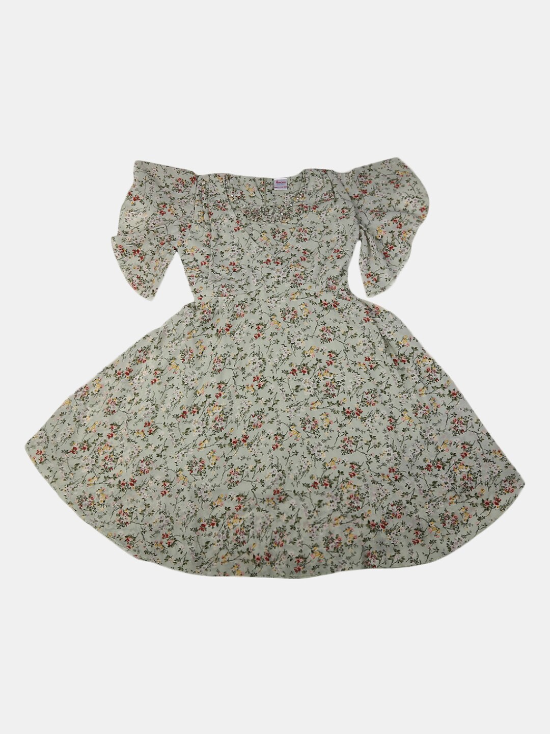 

V-Mart Girls Round Neck Floral Printed Georgette Fit & Flare Dress, Green