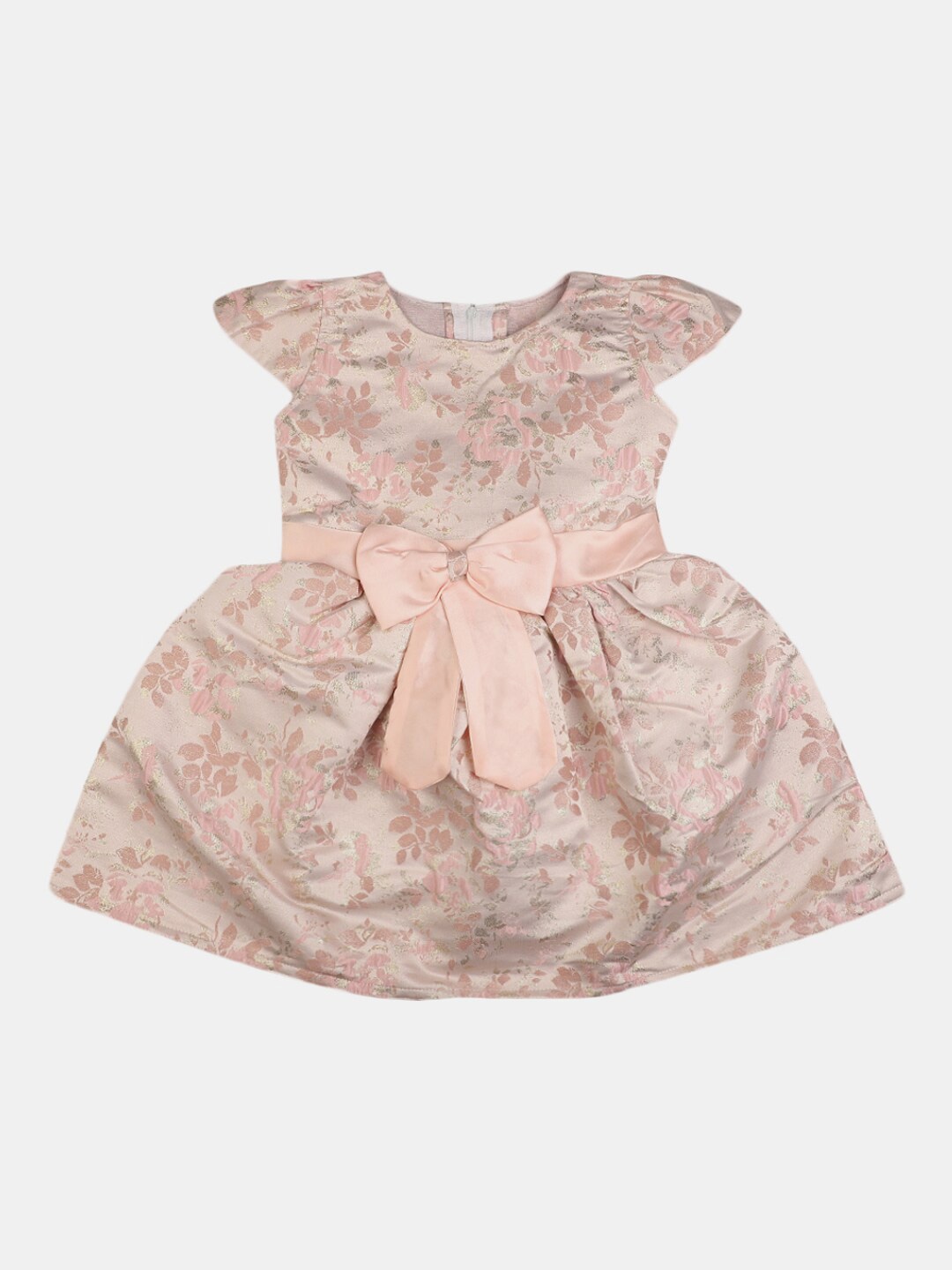 

V-Mart Girls Printed Jacquard Fit & Flare Dress With Bow, Peach
