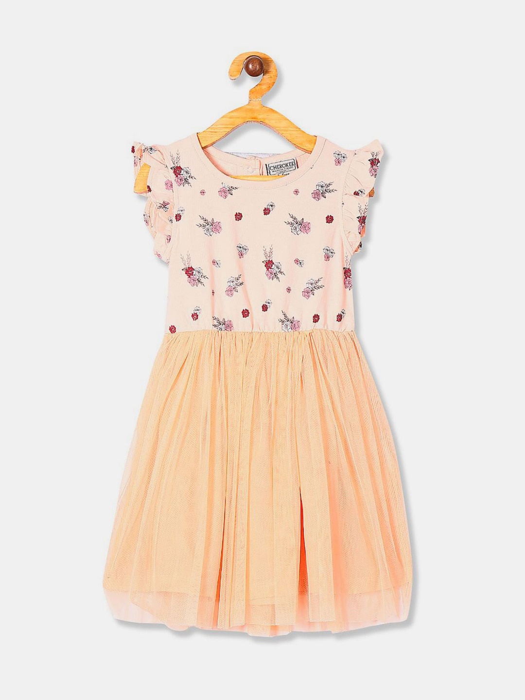 

V-Mart Girls Floral Printed Cotton Fit & Flare Dress With Doll Dress, Orange