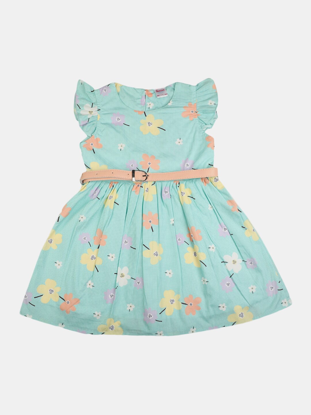 

V-Mart Girls Floral Printed Cotton Fit & Flare Dress With Belt, Green