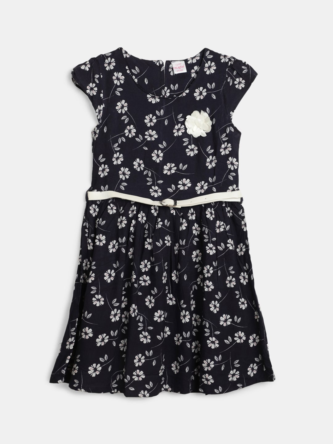 

V-Mart Girls Floral Printed Round Neck Cap Sleeves A-Line Dress, Black