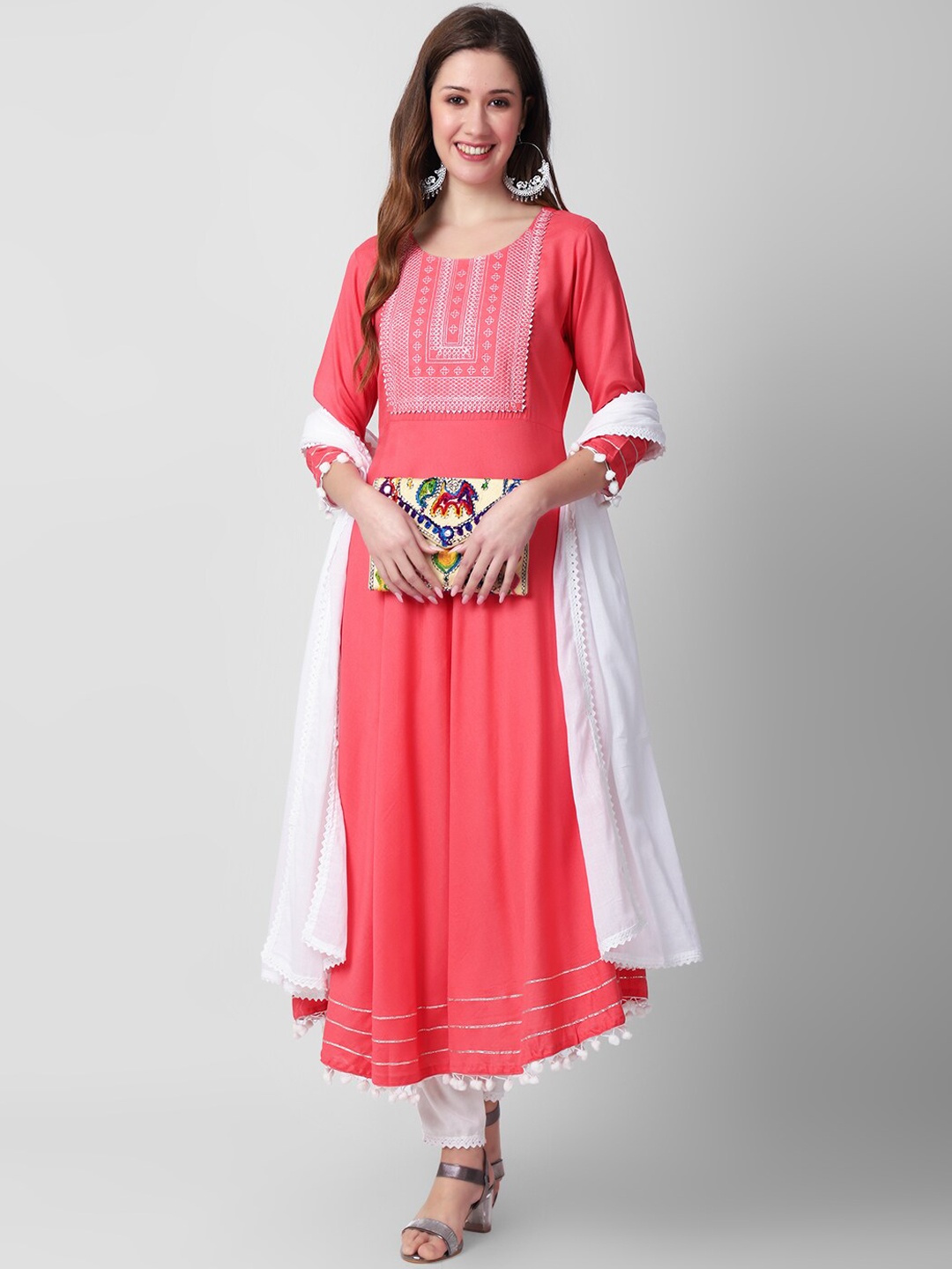 

KALINI Ethnic Motifs Embroidered Anarkali Kurta with Trousers & Dupatta, Peach