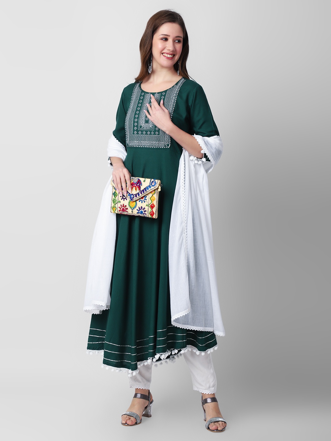 

KALINI Ethnic Motifs Embroidered Anarkali Kurta with Trousers & Dupatta, Green