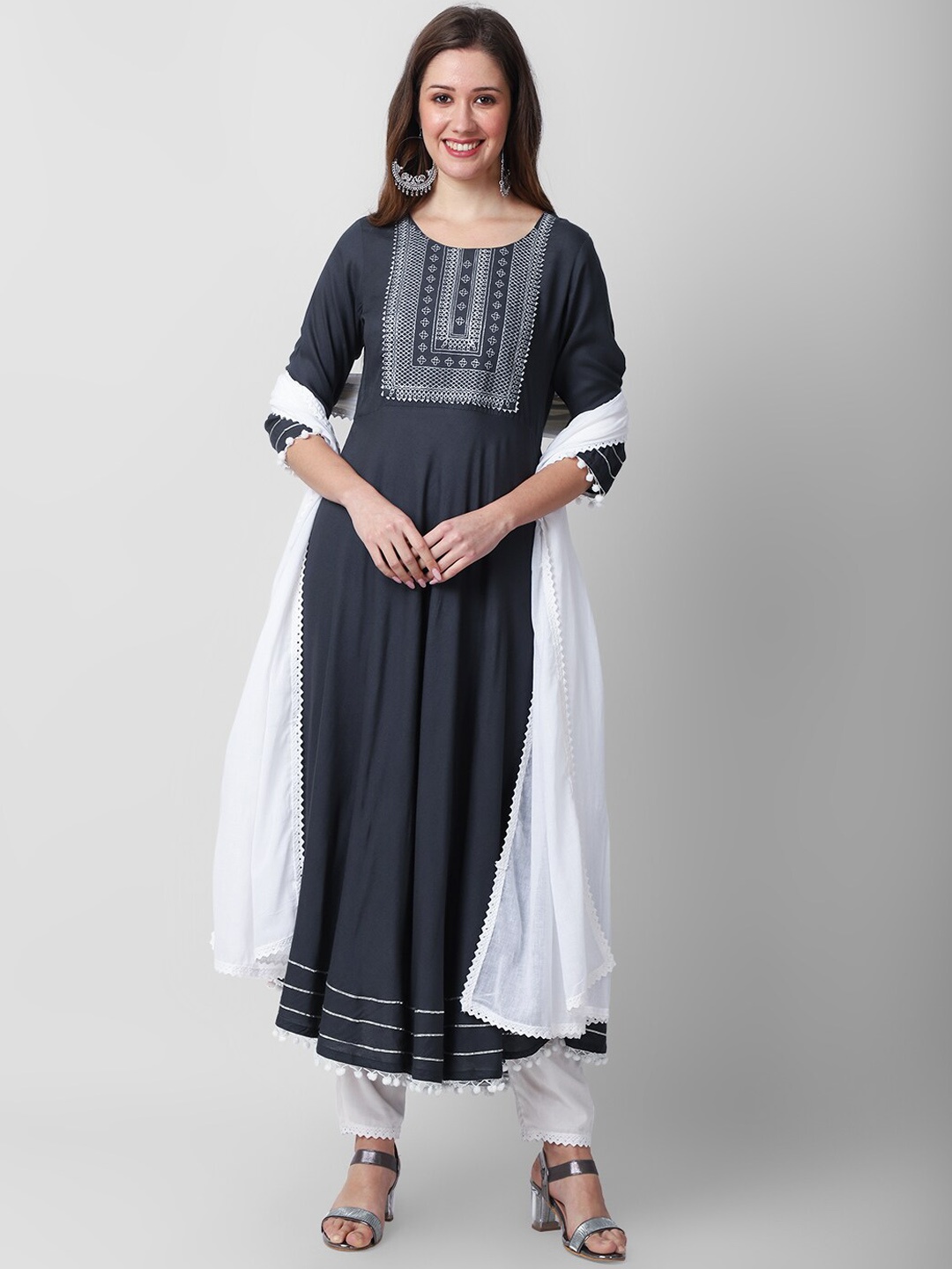 

KALINI Yoke Design Gotta Patti Anarkali Kurta with Trousers & Dupatta, Charcoal