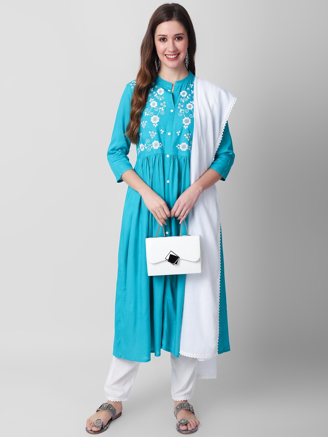 

KALINI Floral Yoke Design A-Line Kurta with Trousers & Dupatta, Blue
