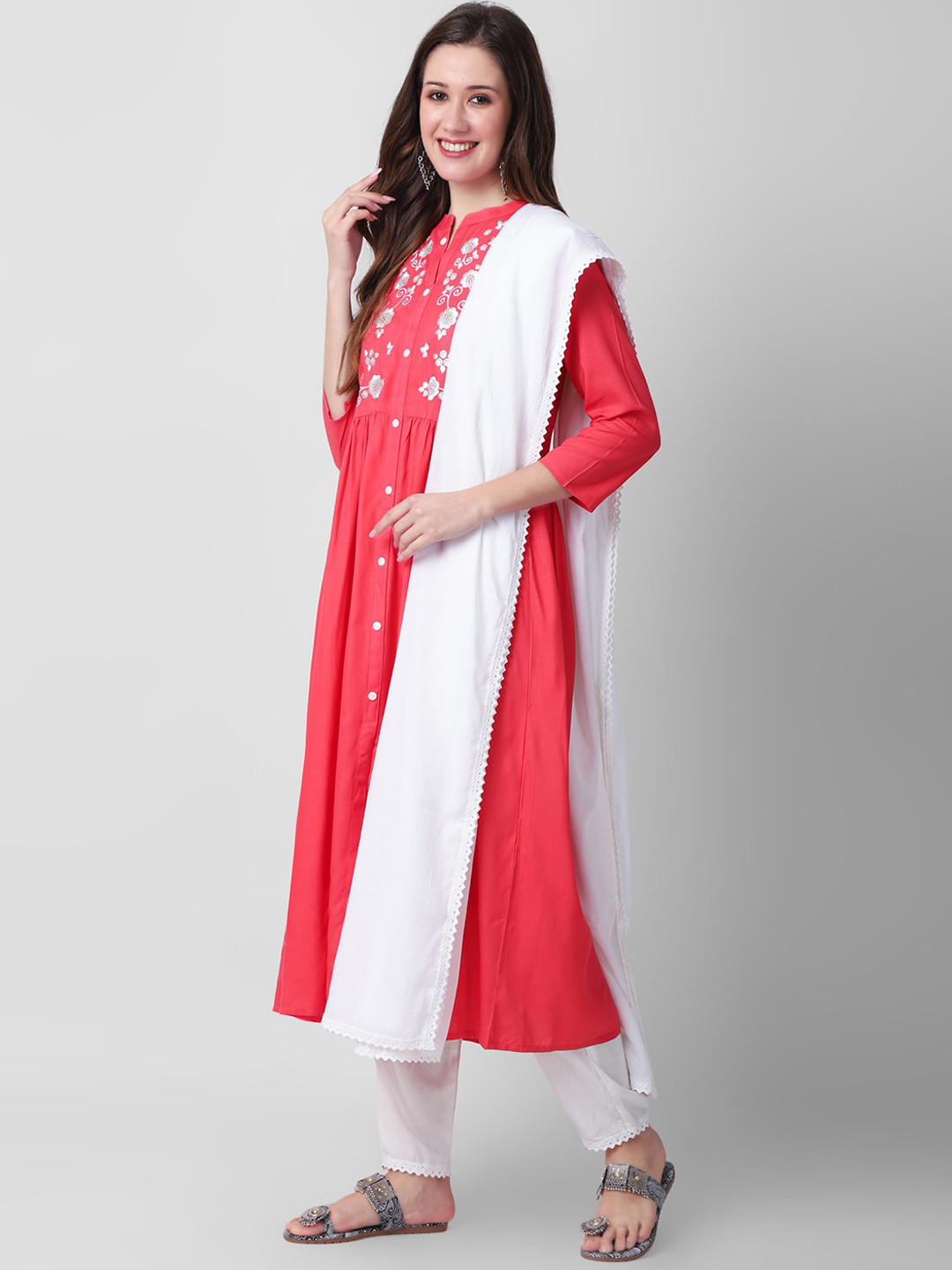 

KALINI Floral Yoke Design A-Line Kurta with Trousers & Dupatta, Red