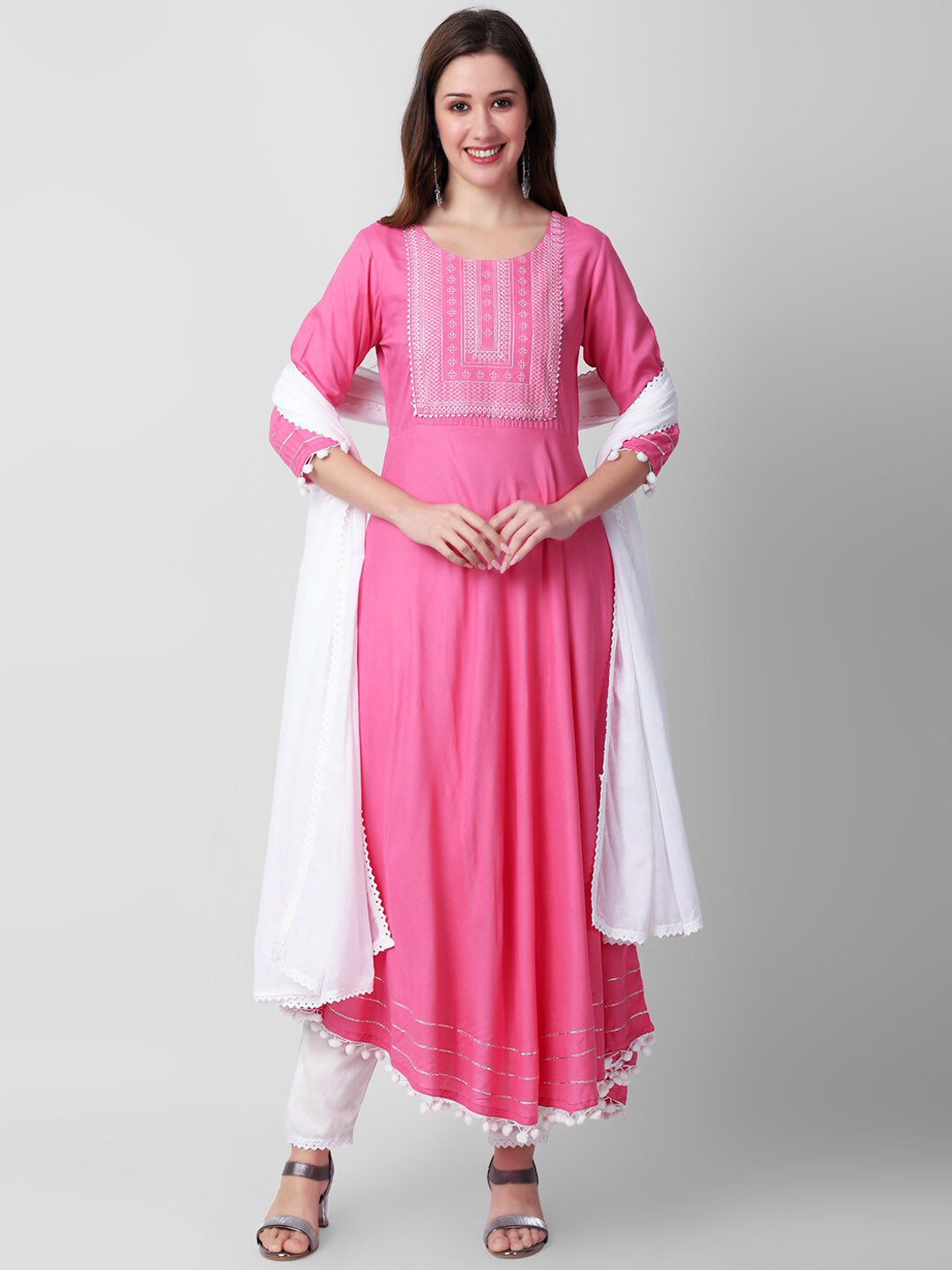 

KALINI Embroidered Gotta Patti Anarkali Kurta with Trousers & Dupatta, Pink