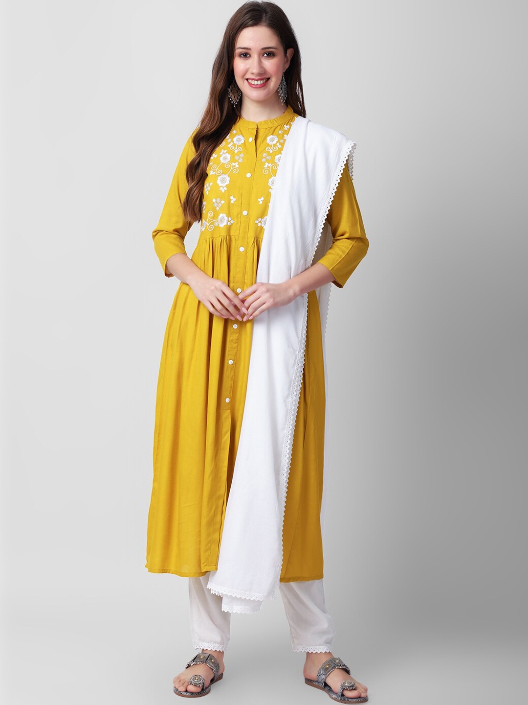 

KALINI Floral Embroidered A-Line Kurta with Trousers & Dupatta, Mustard
