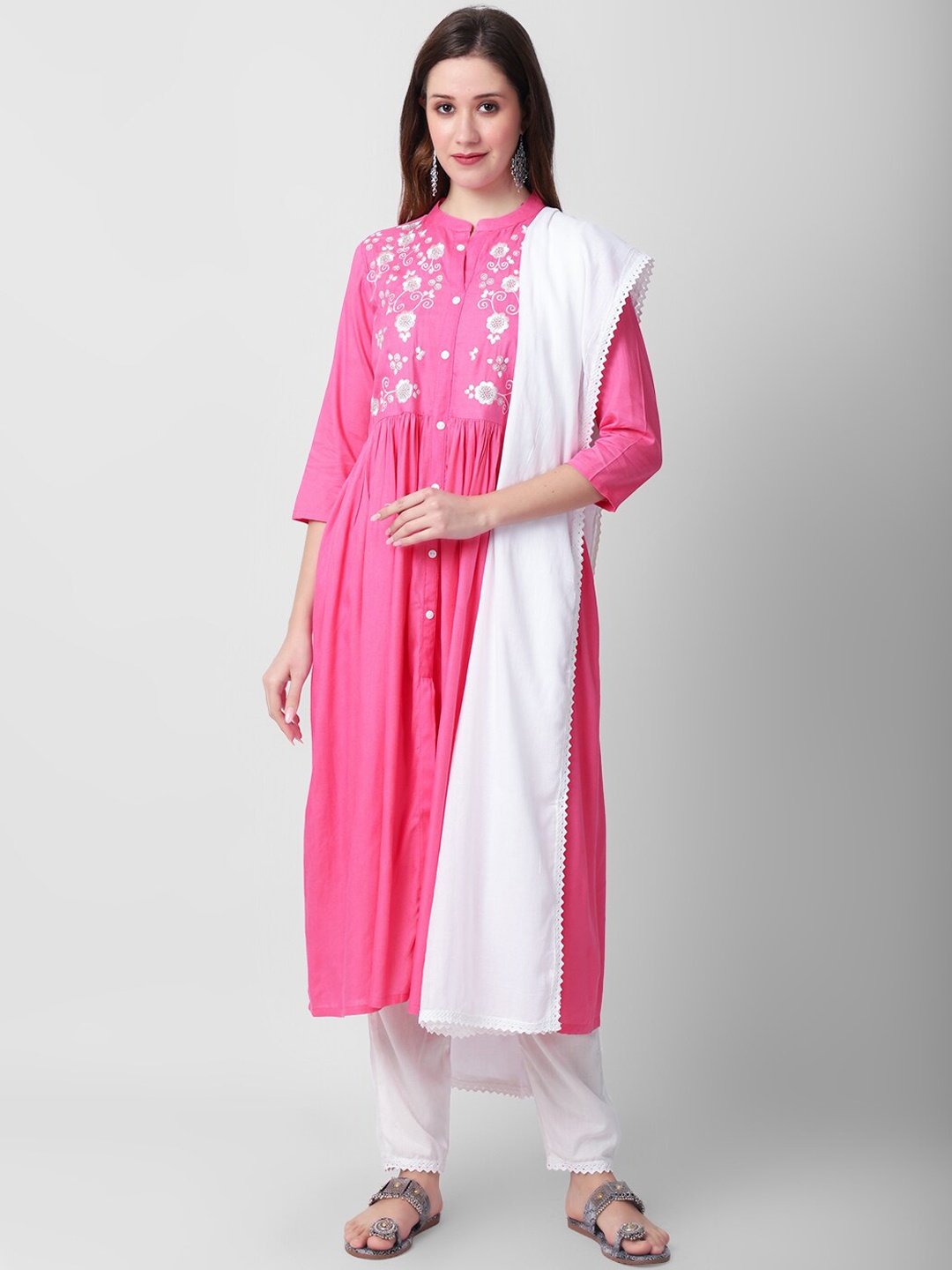 

KALINI Floral Yoke Design A-Line Kurta with Trousers & Dupatta, Pink