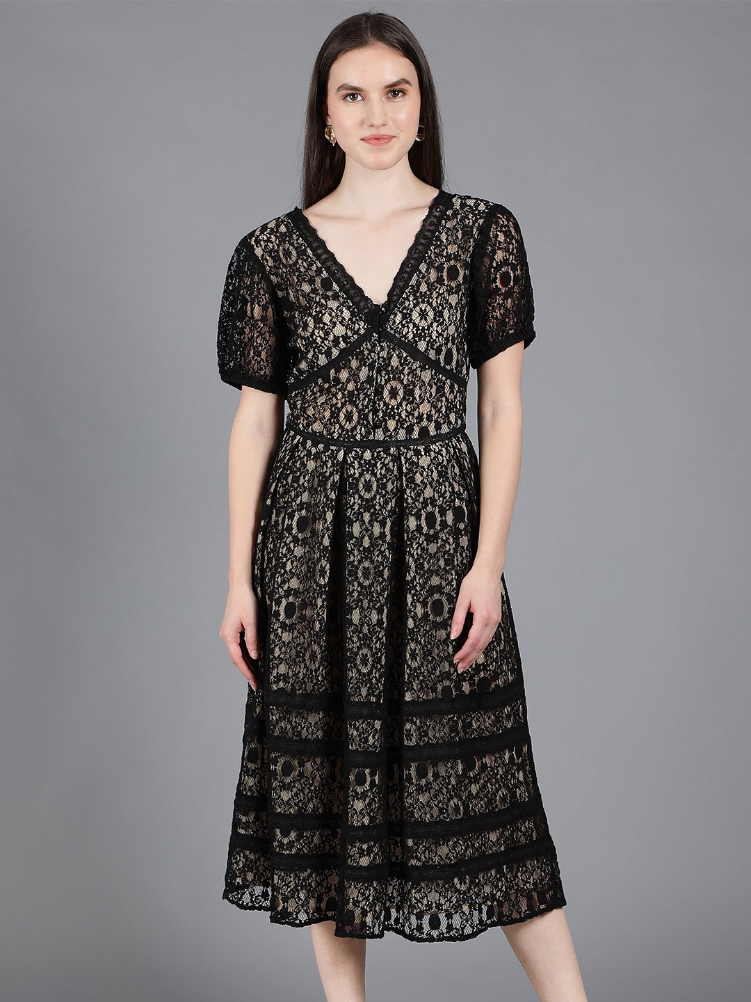 

Amagyaa Ethnic Motifs Print Puff Sleeve Lace Fit & Flare Midi Dress, Black
