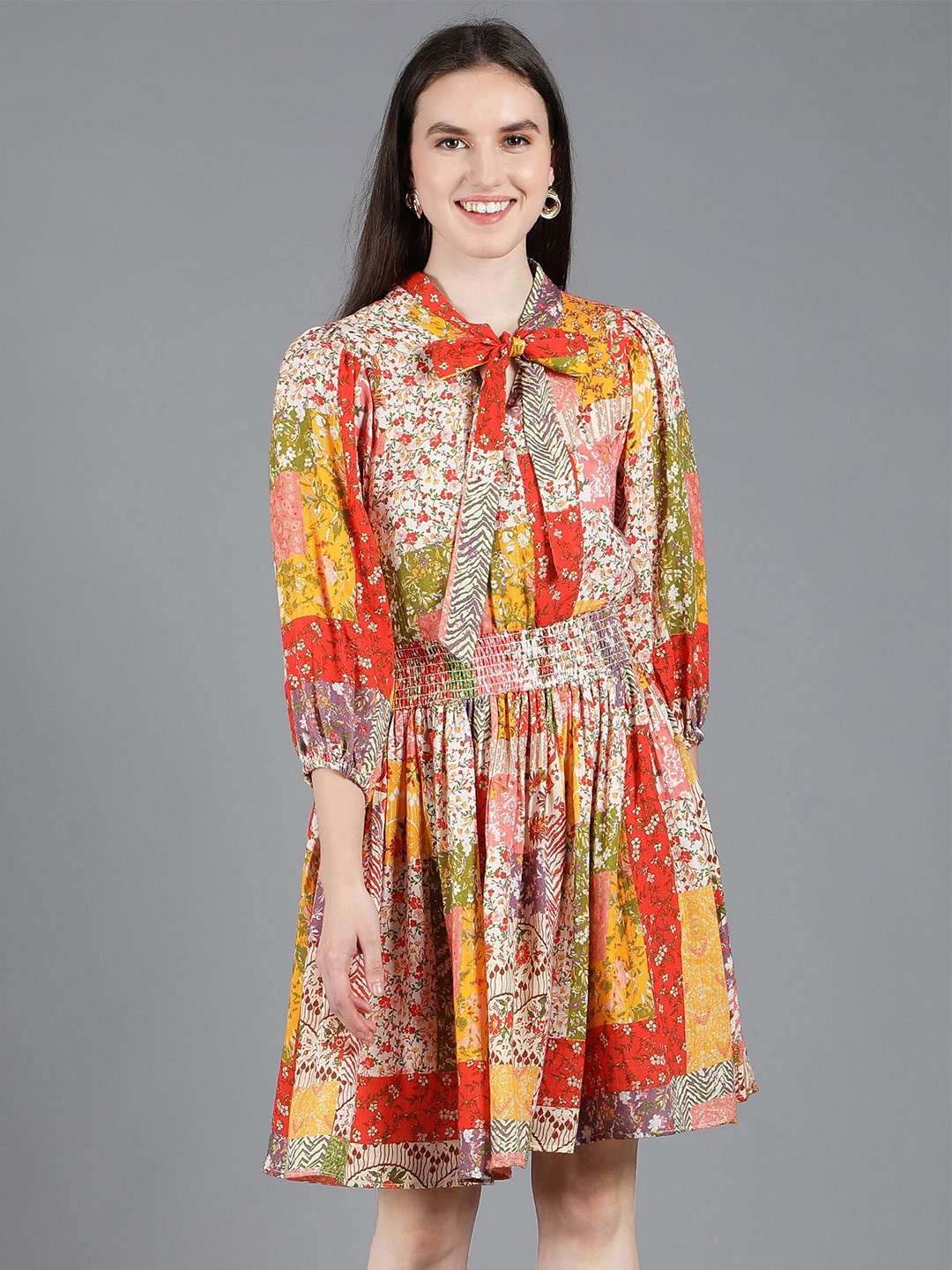 

Amagyaa Floral Print Tie-Up Neck Puff Sleeve Fit & Flare Dress, Orange