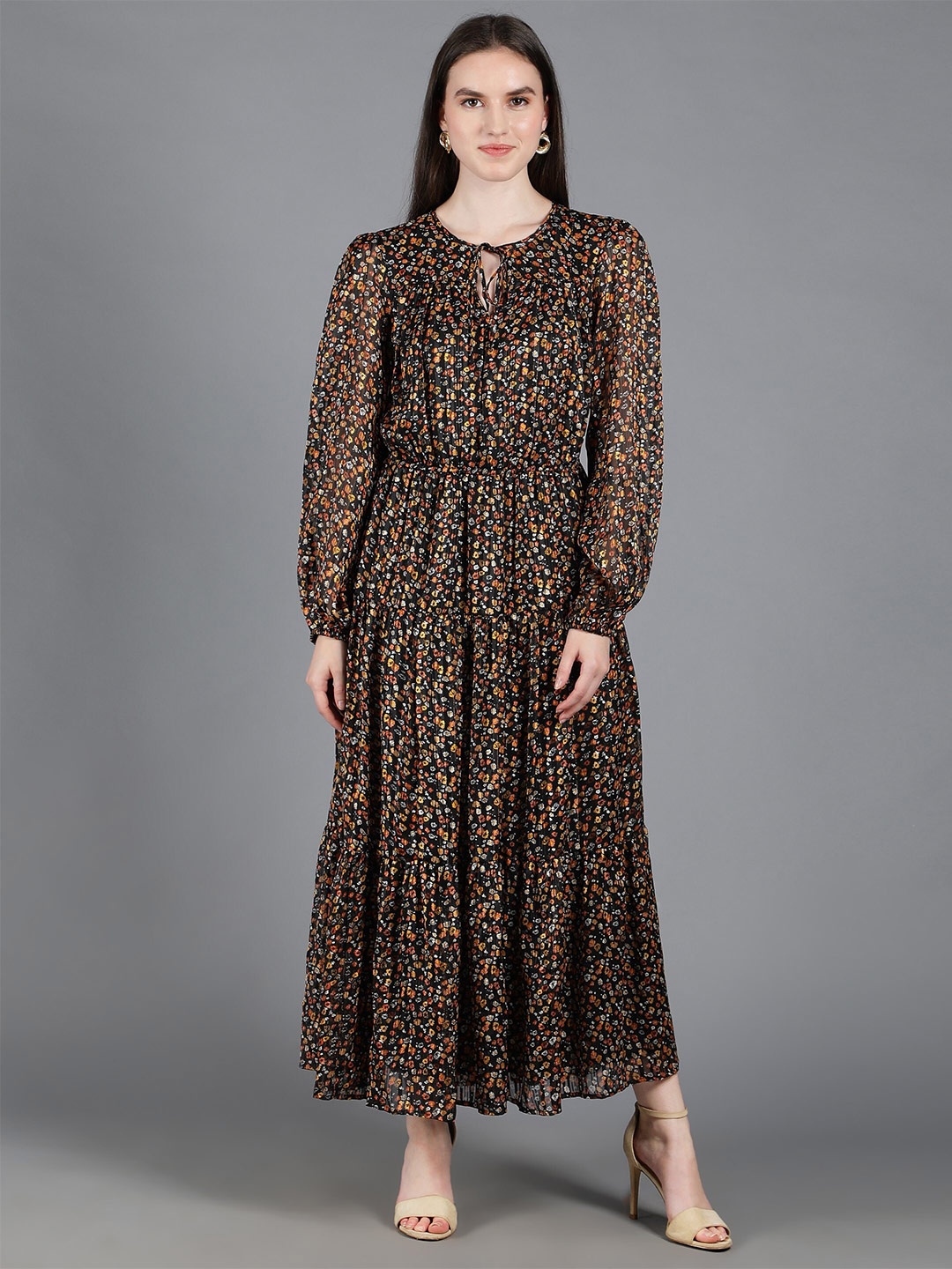 

Amagyaa Floral Print Tie-Up Neck Puff Sleeve Georgette Maxi Dress, Black