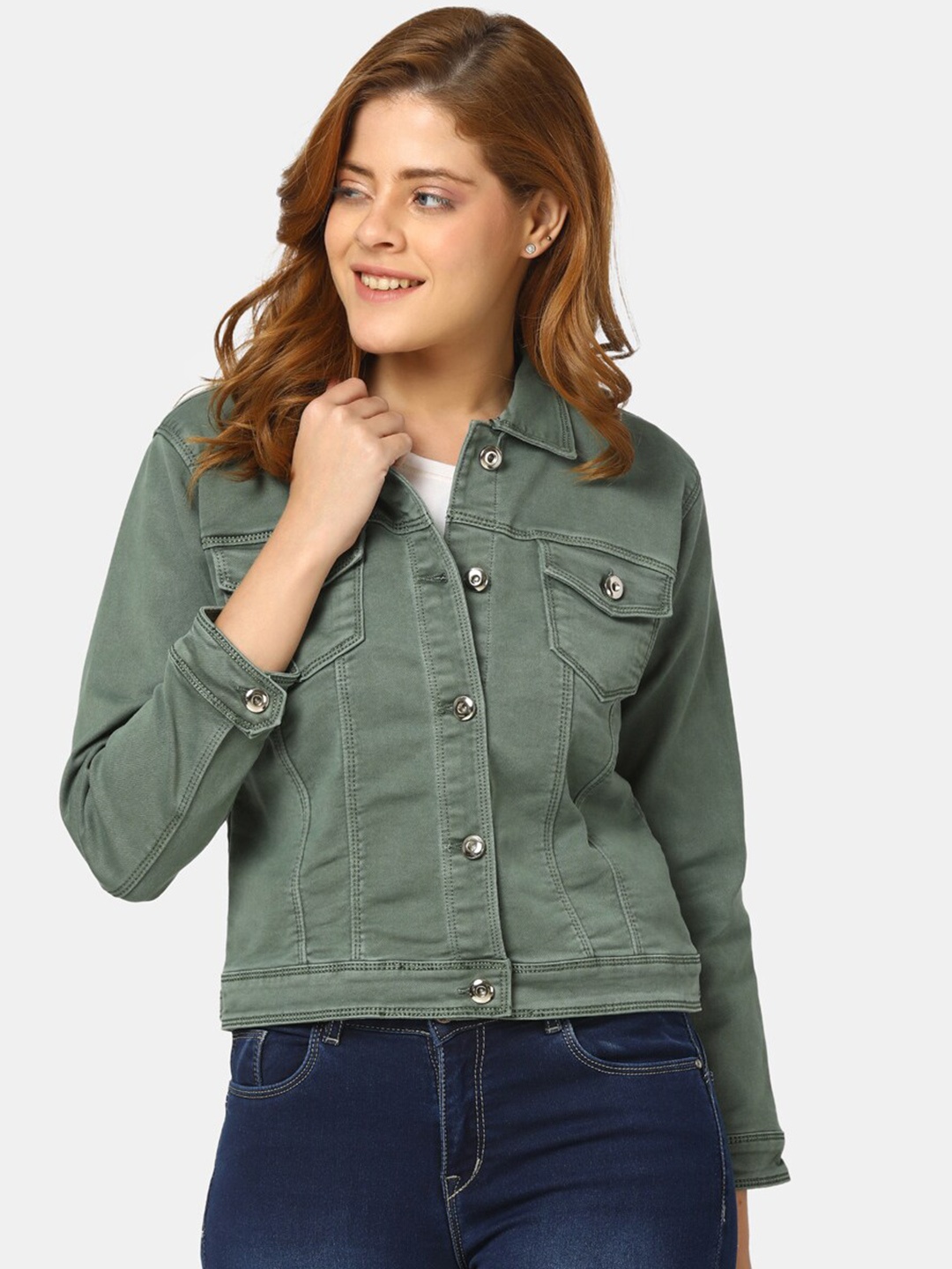 

V-Mart Women Washed Crop Cotton Denim Jacket, Olive