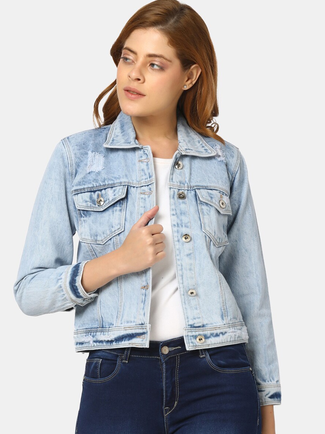 

V-Mart Spread Collar Washed Cotton Denim Jacket, Blue