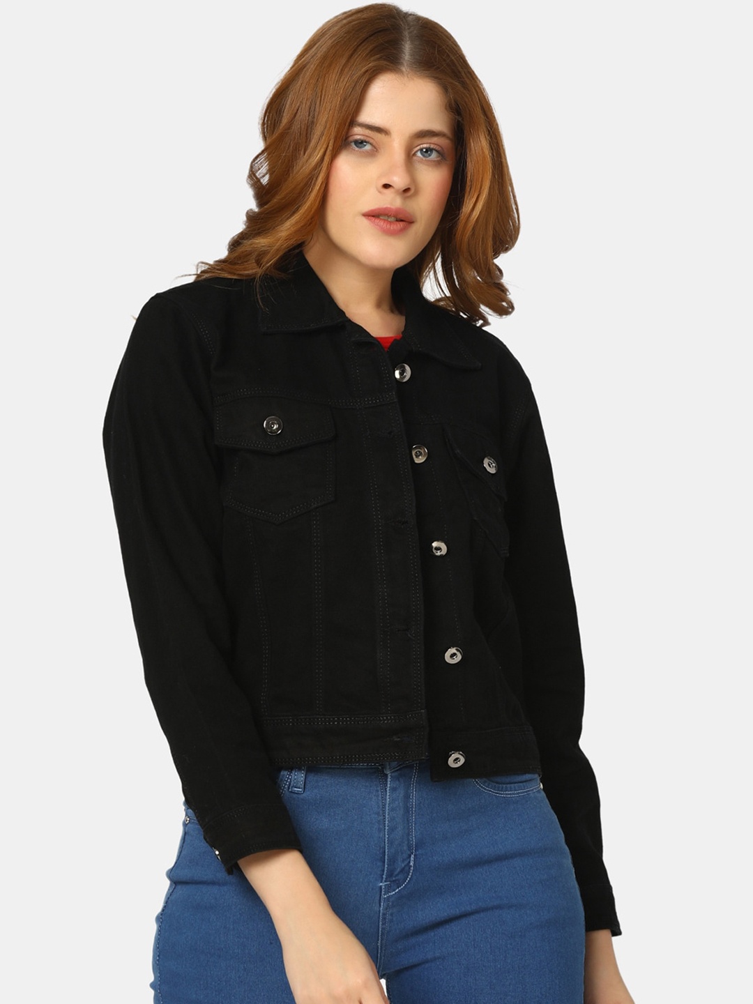 

V-Mart Spread Collar Denim Jacket, Black