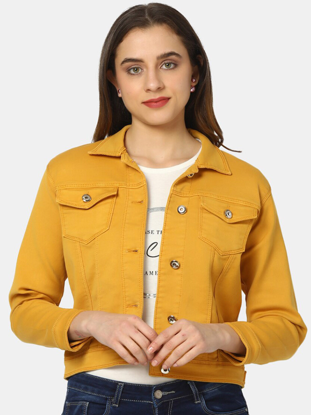 

V-Mart Spread Collar Dobby Cotton Denim Jacket, Mustard
