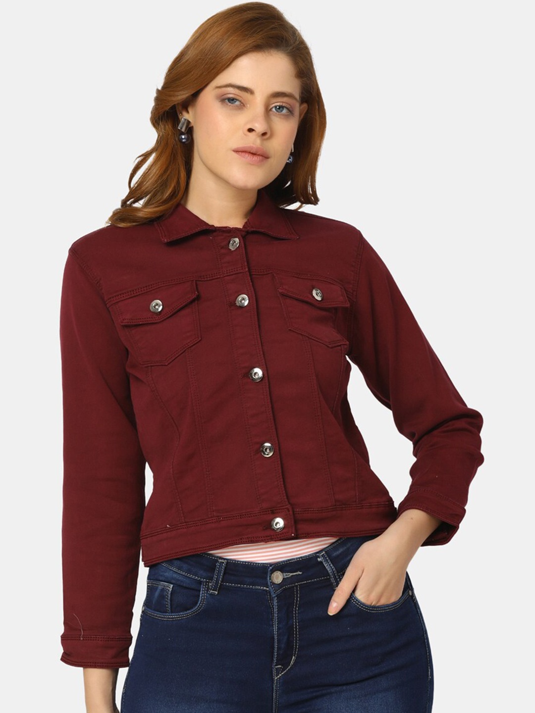 

V-Mart Spread Collar Denim Jacket, Maroon