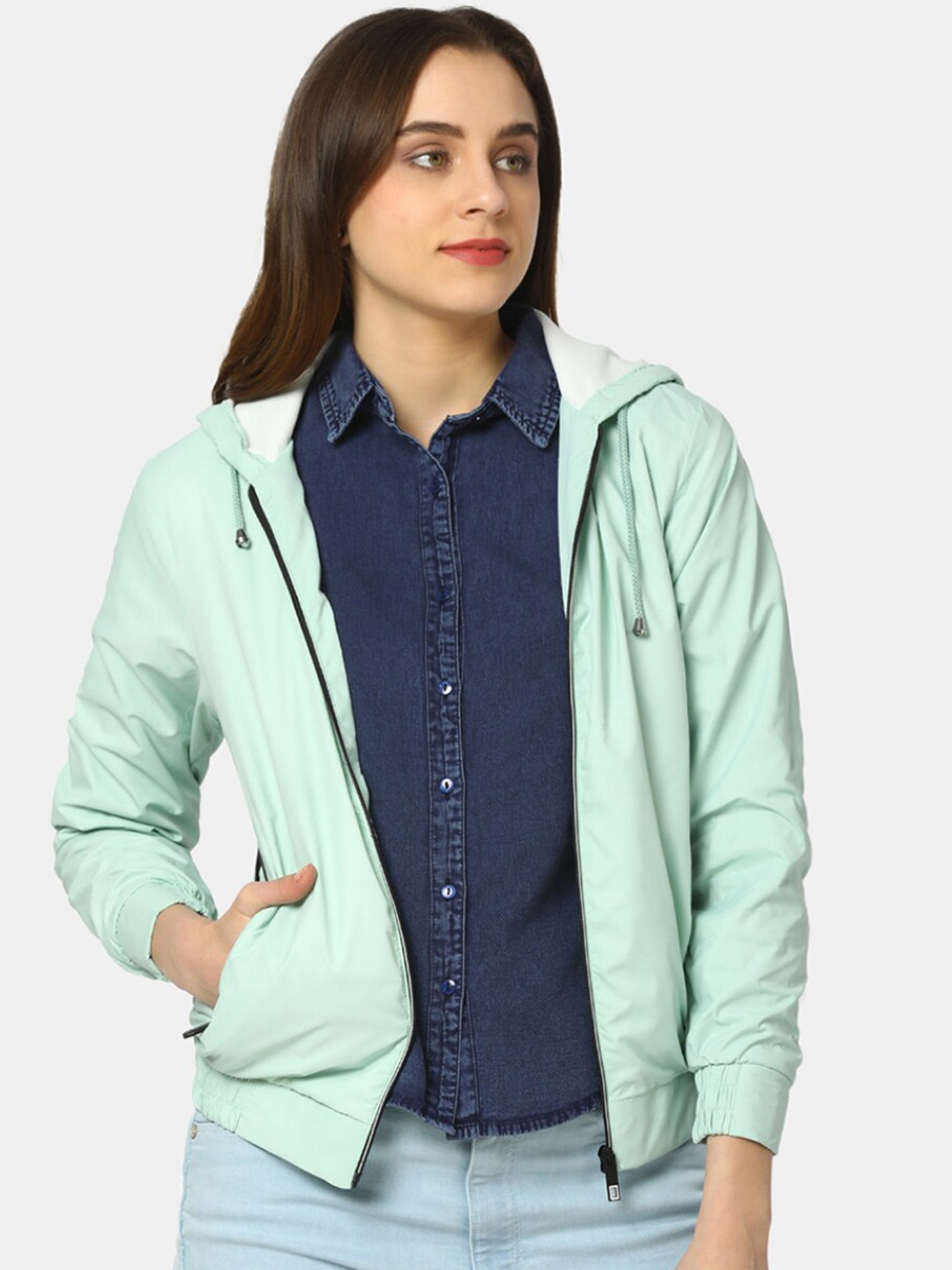 

V-Mart Hooded Cotton Bomber Jacket, Sea green