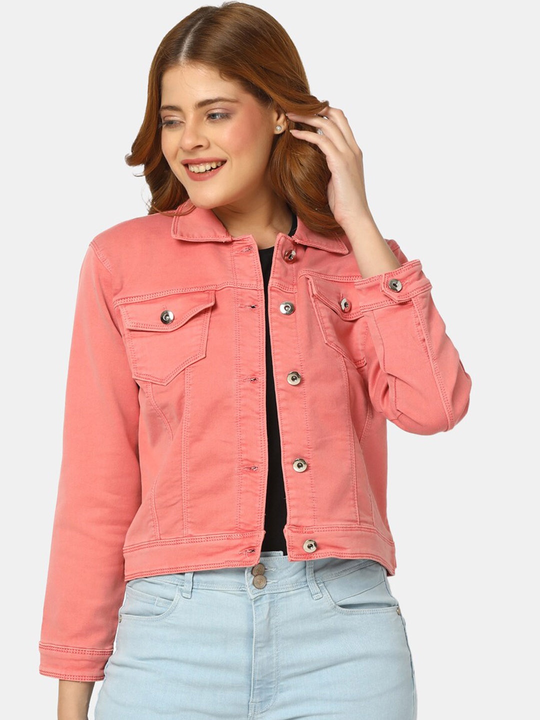 

V-Mart Crop Cotton Denim Jacket, Peach