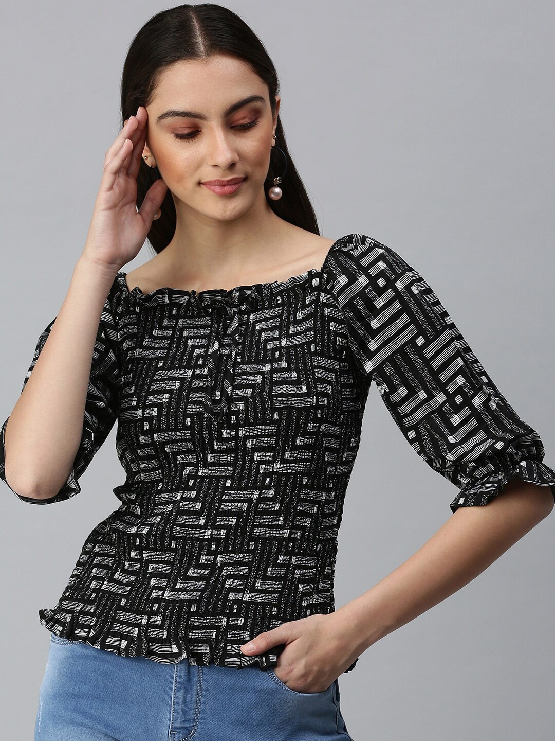 

SHOWOFF Geometric Printed Puff Sleeve Monochrome Smocked Details Crepe Blouson Top, Black