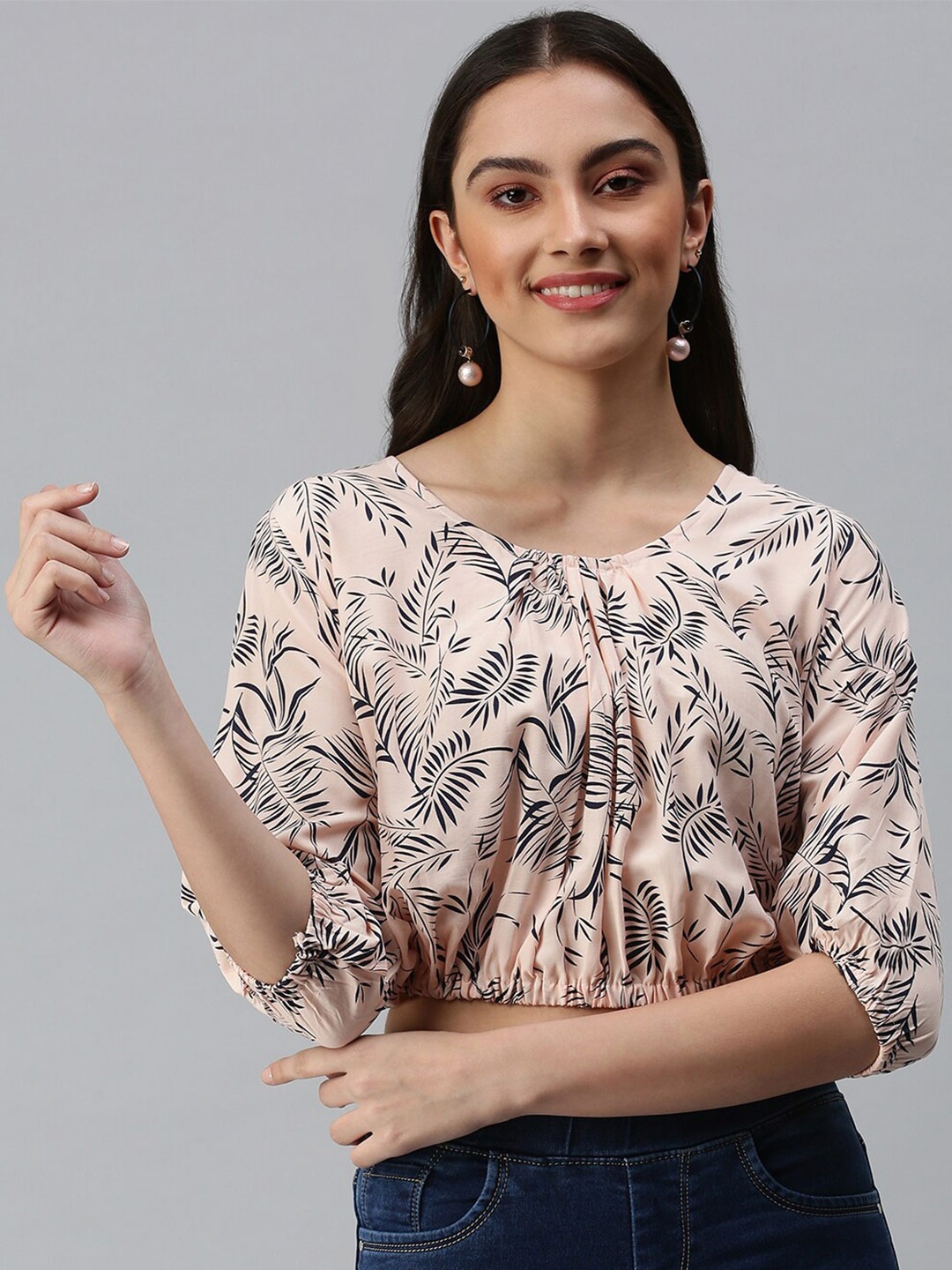

SHOWOFF Floral Print Tropical Crepe Styled Back Crop Top, Peach