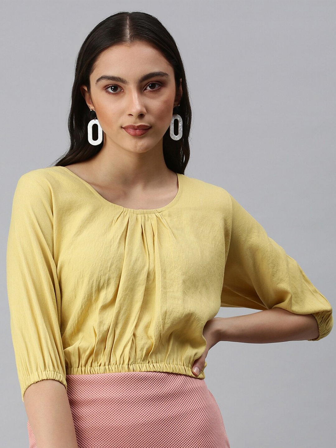 

SHOWOFF Puff Sleeve Styled Back Crop Top, Yellow