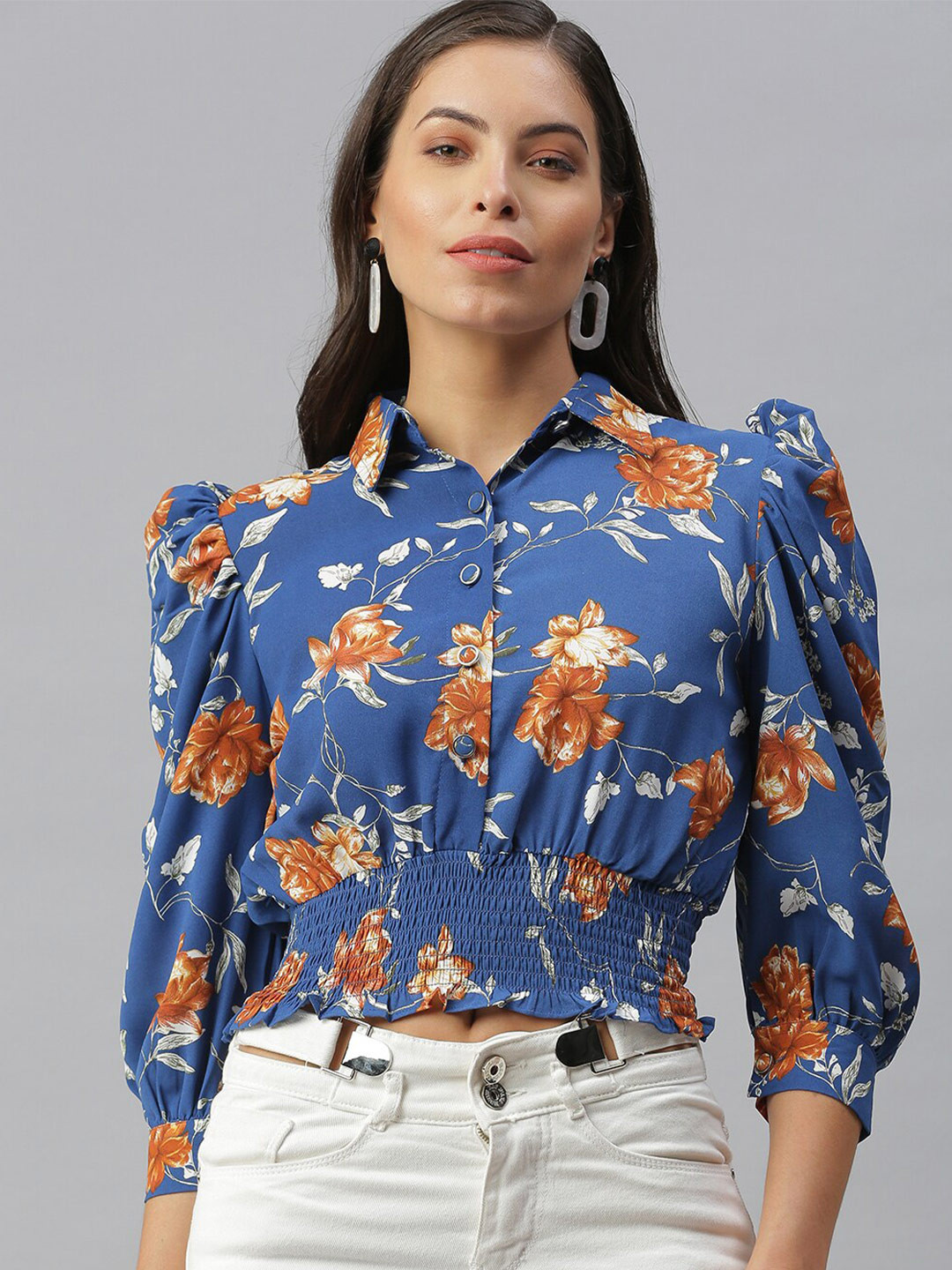 

SHOWOFF Floral Printed Shirt Collar Puff Sleeve Crop Top, Blue