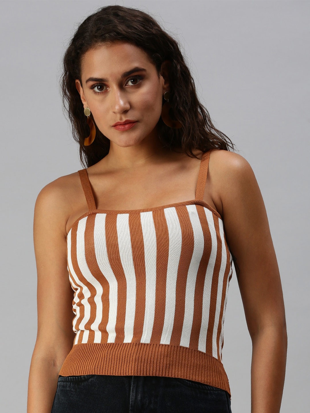 

SHOWOFF Vertical Striped Knitted Fitted Top, Brown