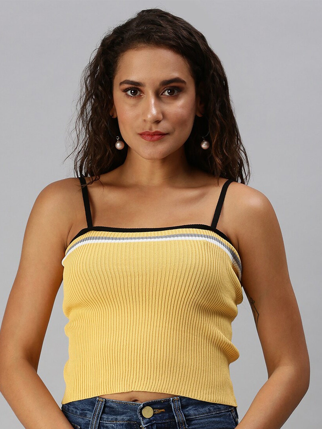 

SHOWOFF Shoulder Straps Horizontal Striped Ribbed Fitted Crop Top, Yellow