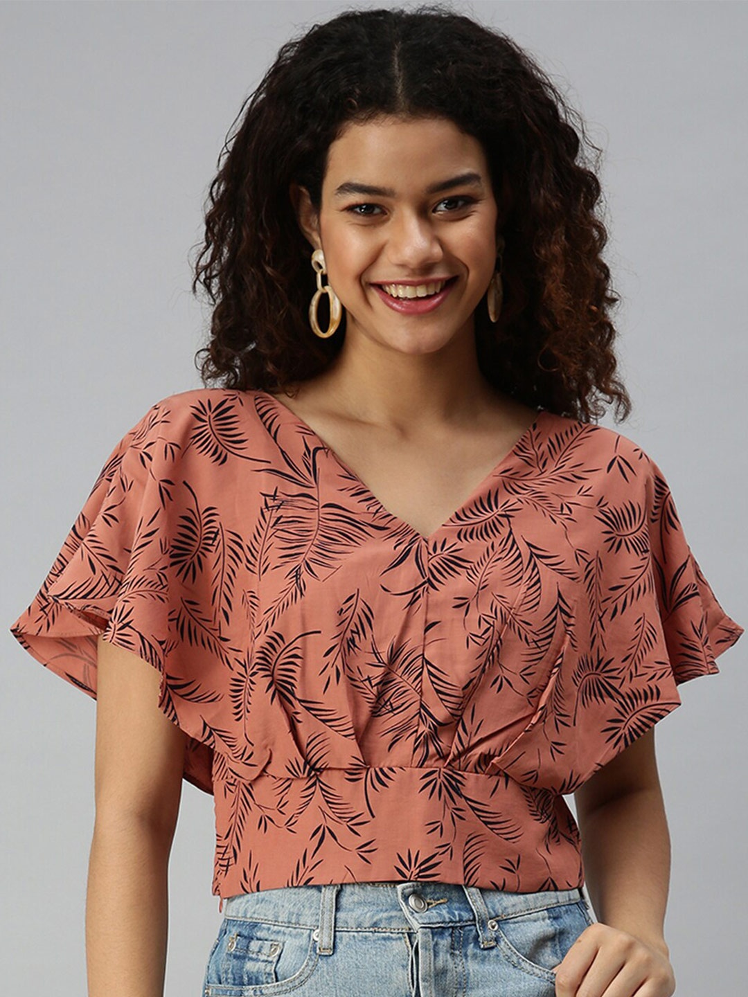 

SHOWOFF Tropical Printed V-Neck Flutter Sleeves Styled Back Crop Top, Brown