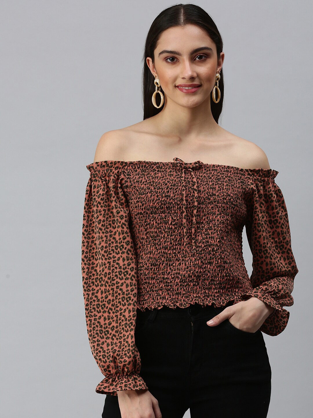 

SHOWOFF Animal Printed Off shoulder Puff Sleeves Bardot Crop Top, Brown