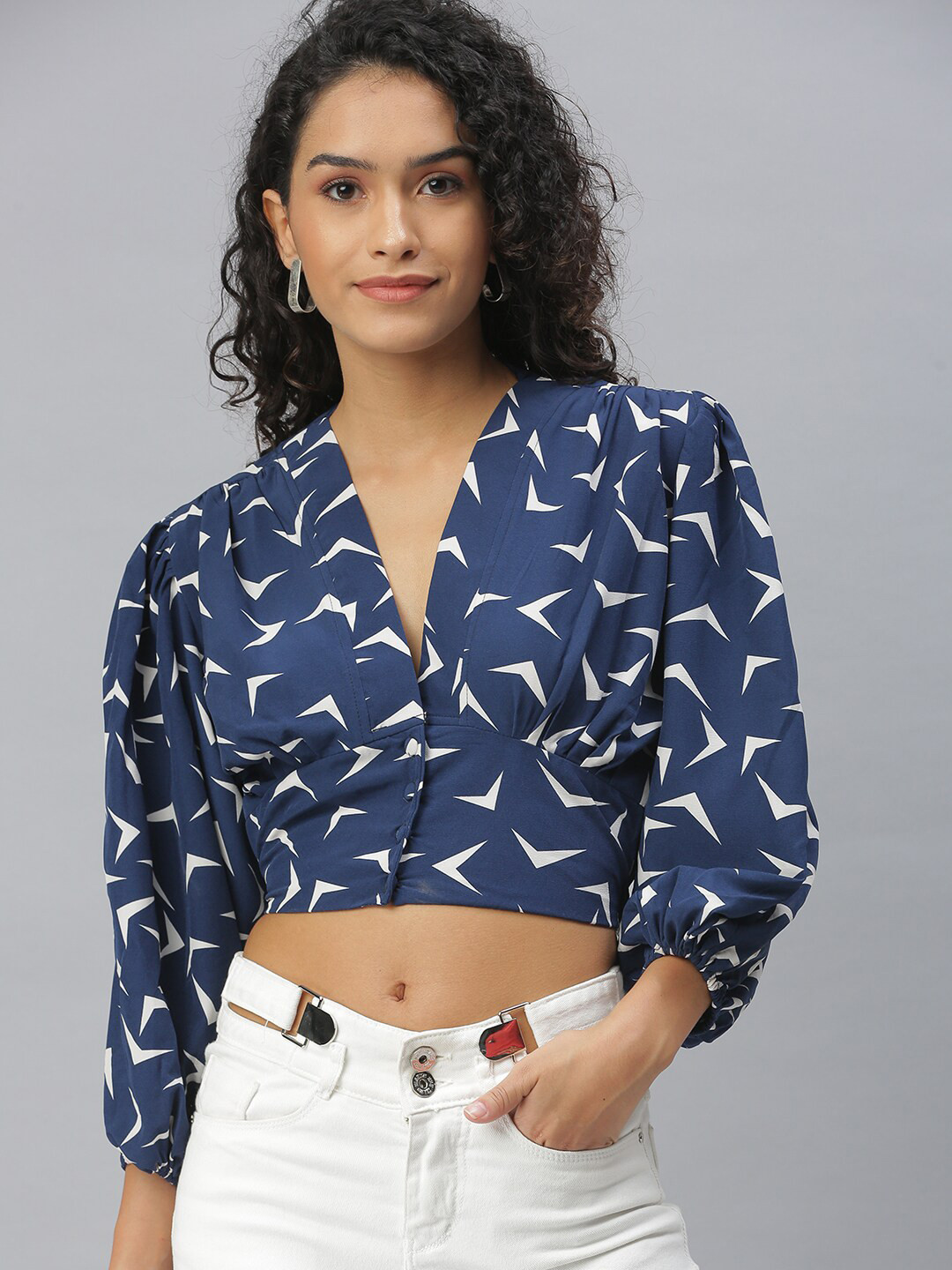 

SHOWOFF Abstract Printed Puff Sleeves Crop Shirt Style Top, Navy blue