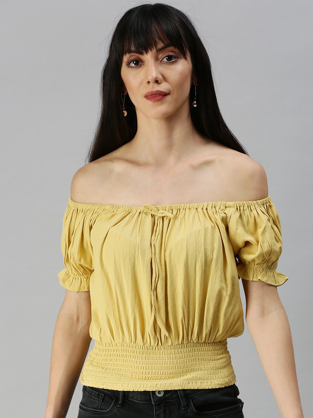 

SHOWOFF Smocked Off Shoulder Puff Sleeves Bardot Top, Yellow