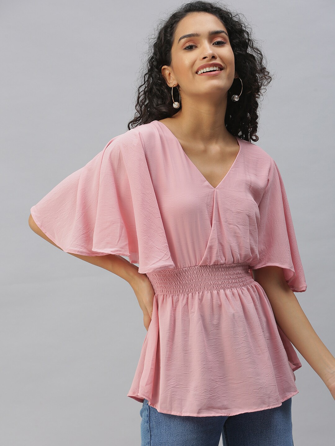 

SHOWOFF Smocked Flared Sleeves Cinched Waist Top, Pink