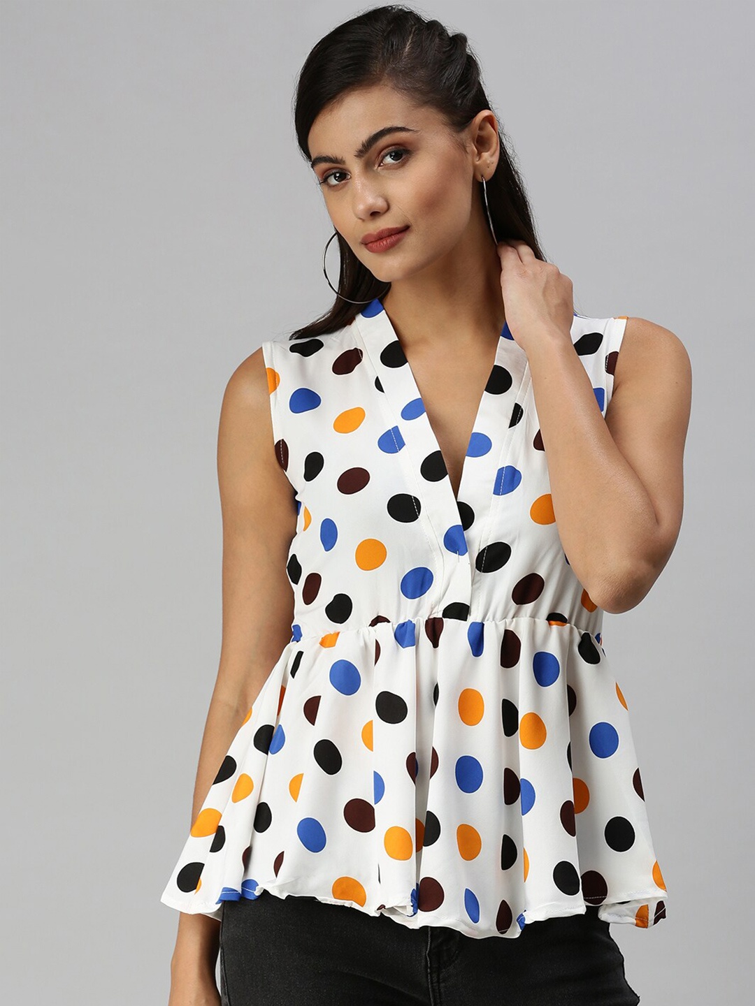 

SHOWOFF Polka Dot Printed V-Neck Peplum Top, White