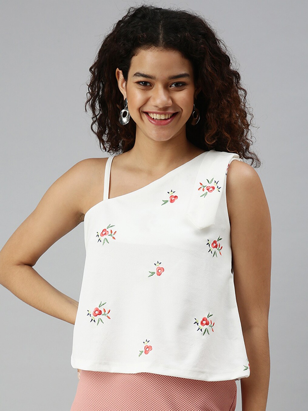 

SHOWOFF Floral Embroidered One Shoulder Top, White