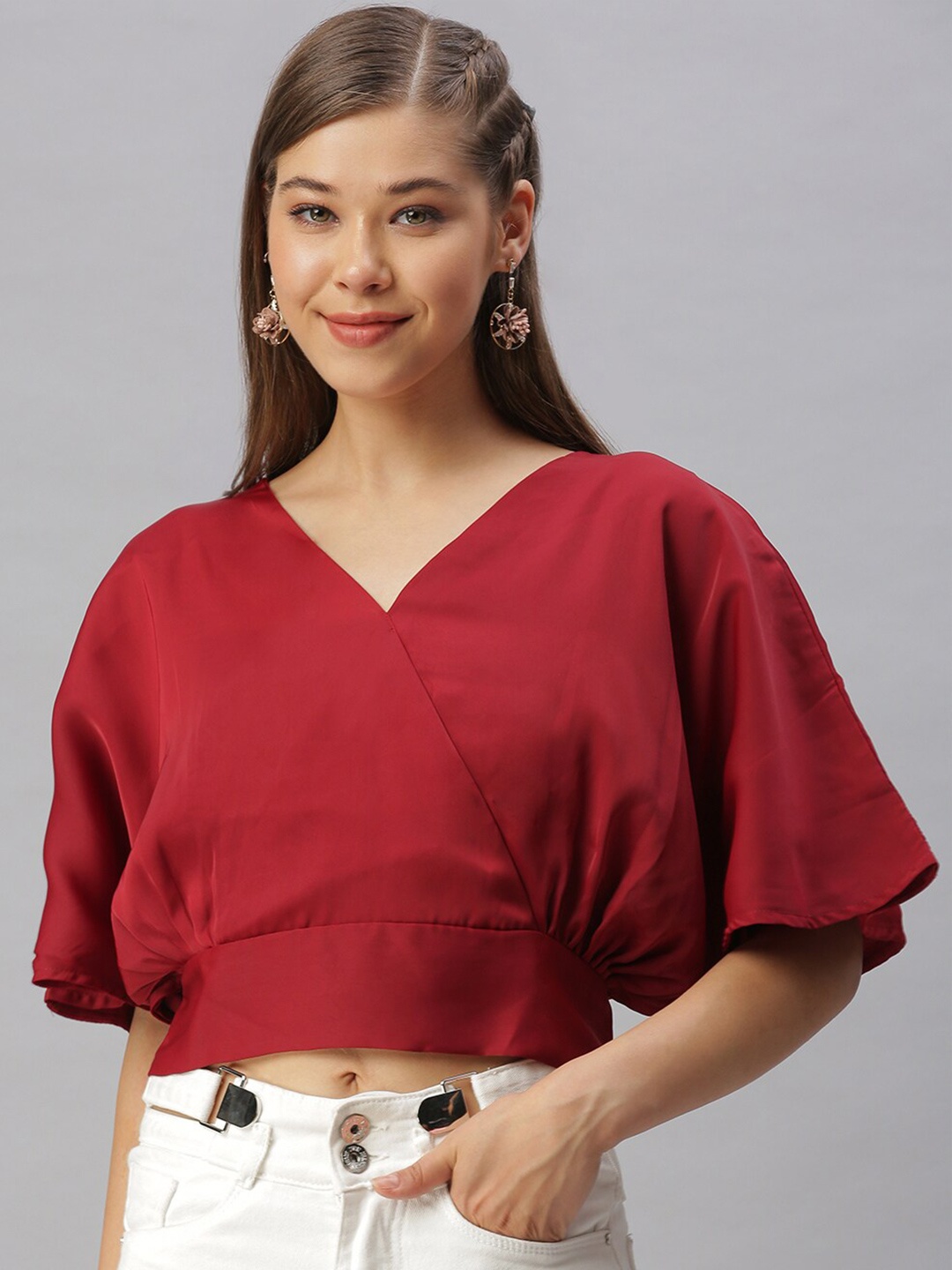 

SHOWOFF V-Neck Extended Sleeves Satin Wrap Crop Top, Maroon