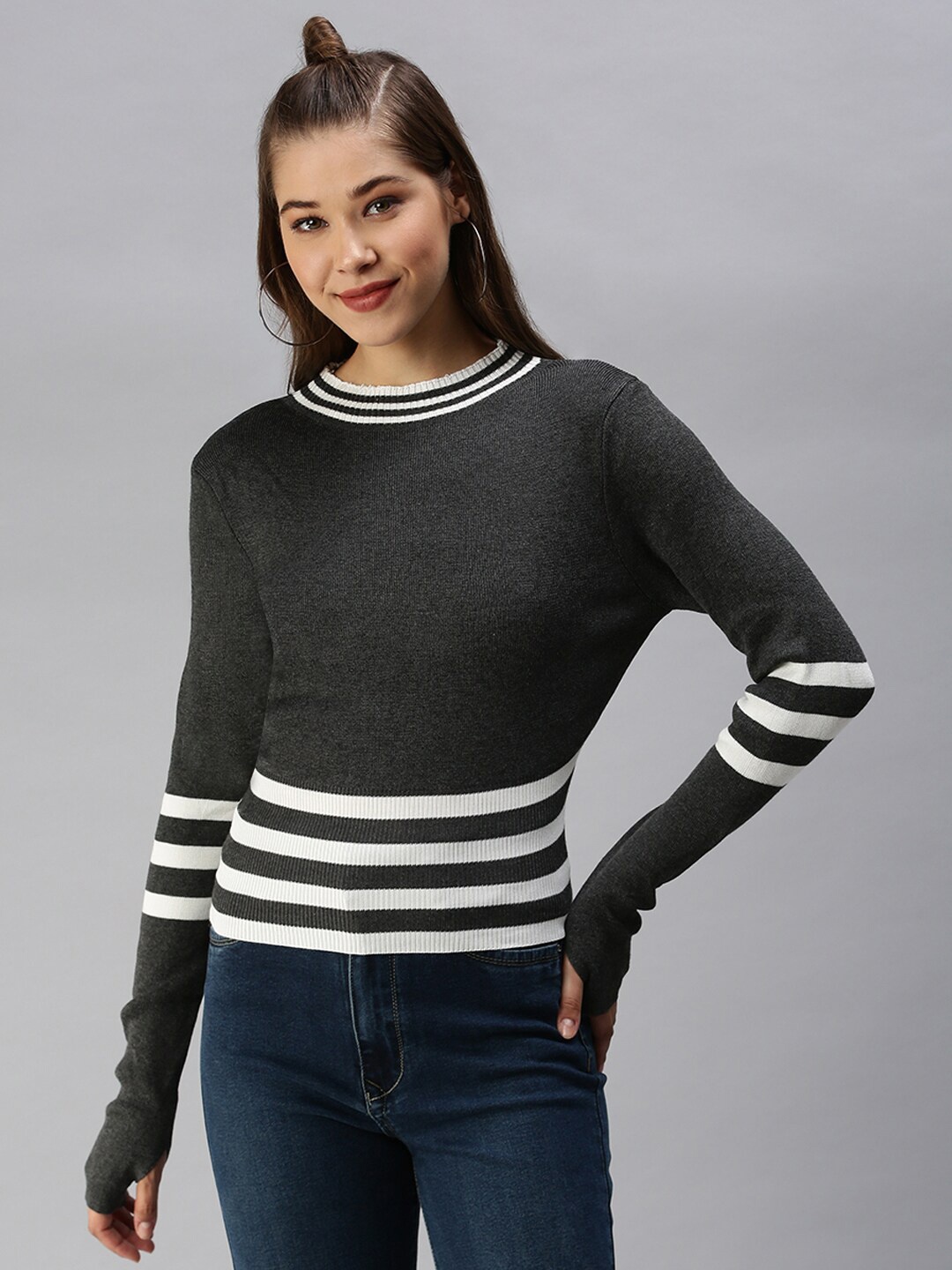 

SHOWOFF Striped High Neck Cotton Top, Grey