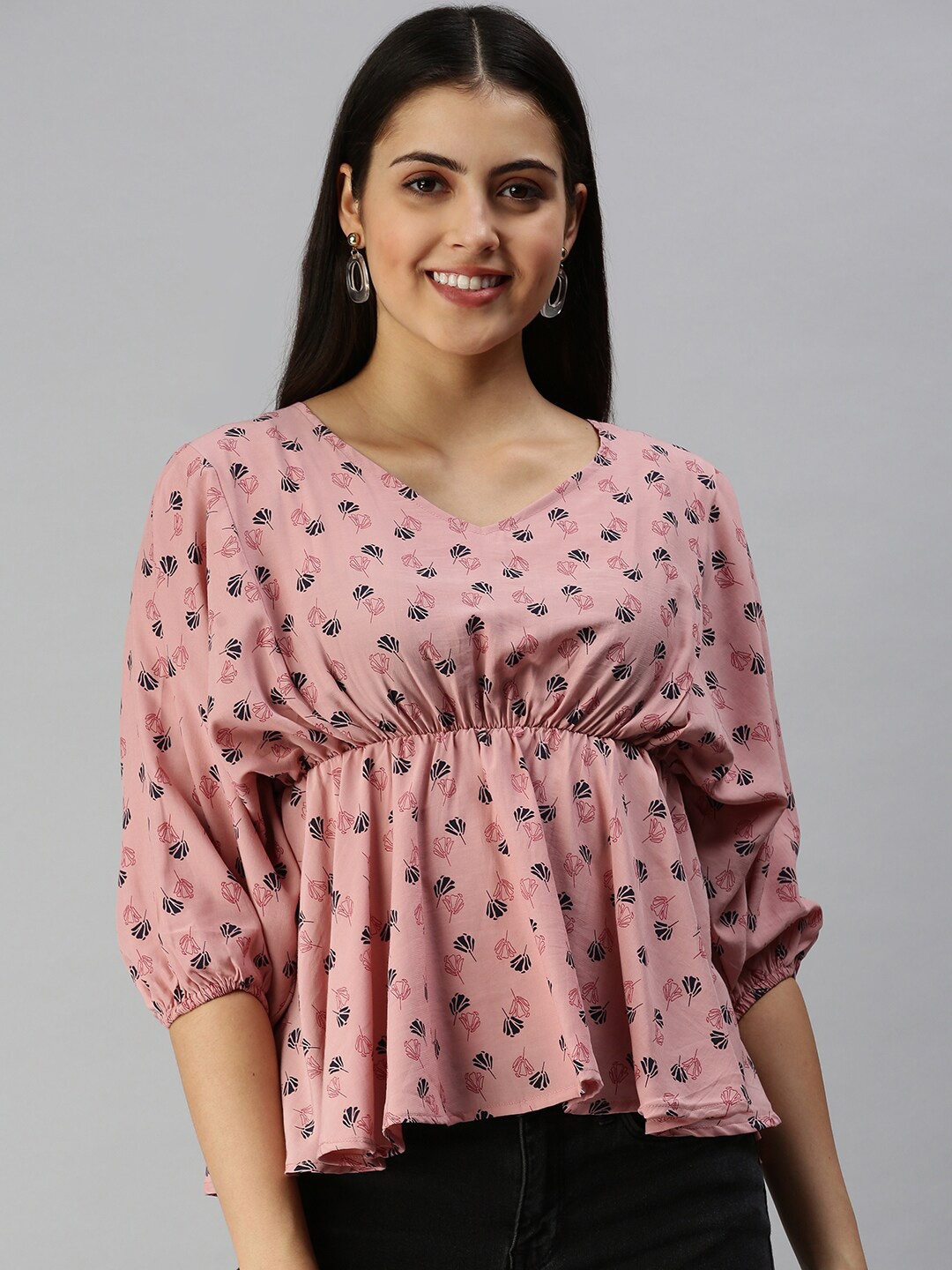 

SHOWOFF Mauve Floral Printed V-Neck Puff Sleeves Empire Top